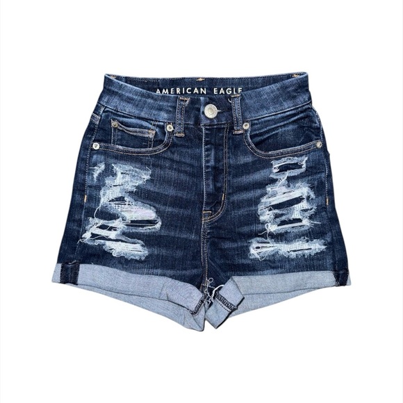 American Eagle Outfitters Pants - American Eagle Curvy Hi-Rise Shortie Jean Shorts Dark Wash Distressed Women’s 00